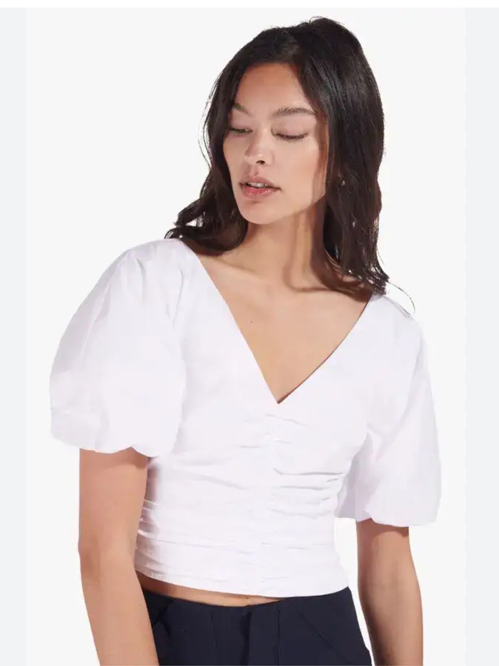 Kirna Zabete White V-Neck Ruched Puff-Sleeve Crop Top